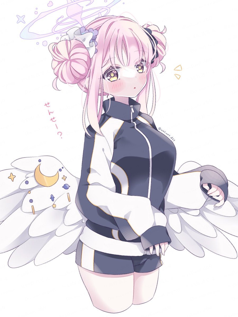 mika (blue archive) 1girl halo hair bun wings pink hair low wings solo  illustration images