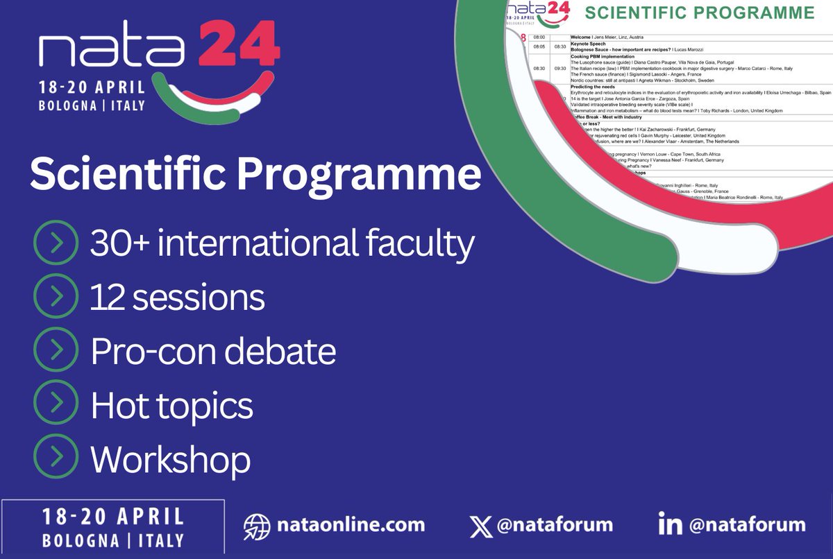 #NATA24 
🇮🇹18-20 April 2024 
A Taste of Italy - A Taste of #pbm 
View the programme and 30+ international experts who will share their knowledge &amp; address the future directions in #PBM
👉nataonline.com/annual-symposi…

Check out: travel grants,abstract submission,discounted hotel rates