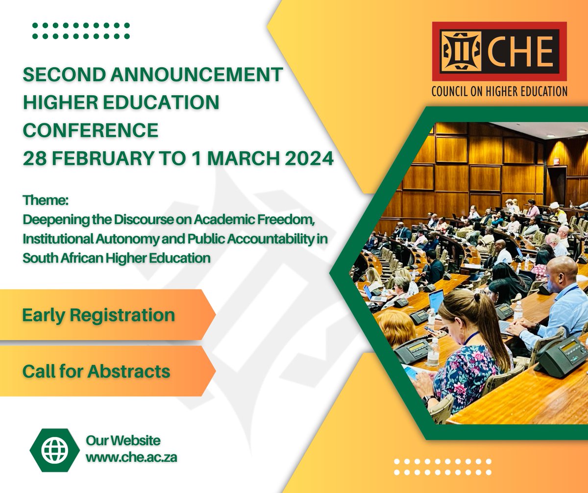 che_SouthAfrica's tweet photo. Second Announcement - CHE Higher Education Conference - 28 February to 1 March 2024 - South Africa, GP, Joburg, Emperors Palace #HigherEducation #CHEConference2024 #AcademicFreedom #InstitutionalAutonomy #PublicAccountability More details: https://t.co/S86aS3QT7b https://t.co/FNrmRMjafJ