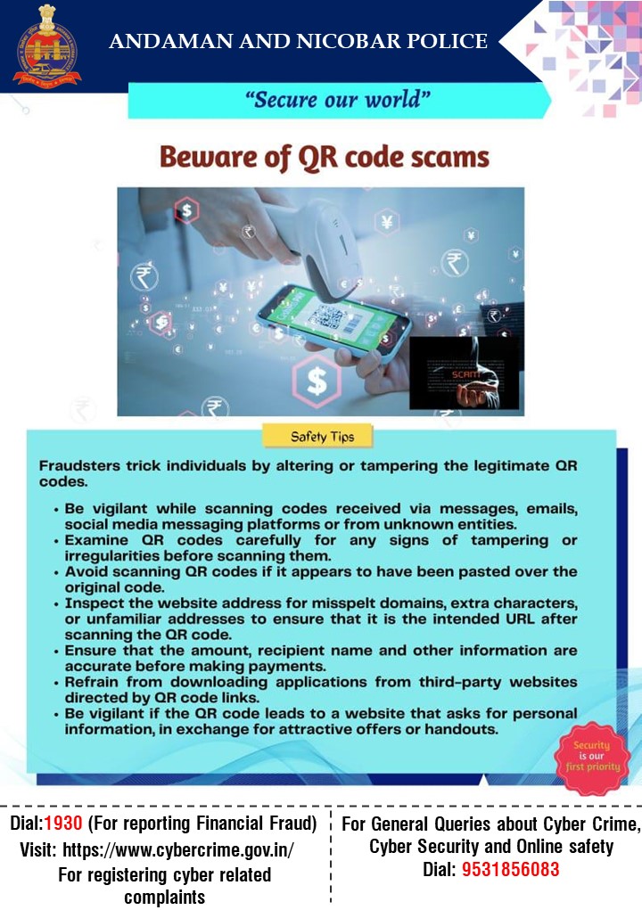 AndamanPolice's tweet image. 🚫 Beware of QR Code Scams: Scammers are using QR codes to steal your info. Don&apos;t be their next victim! #QRCodeAlert #StayAlert
@MediaRN_ANI @DGPANIslands @Andaman_Admin