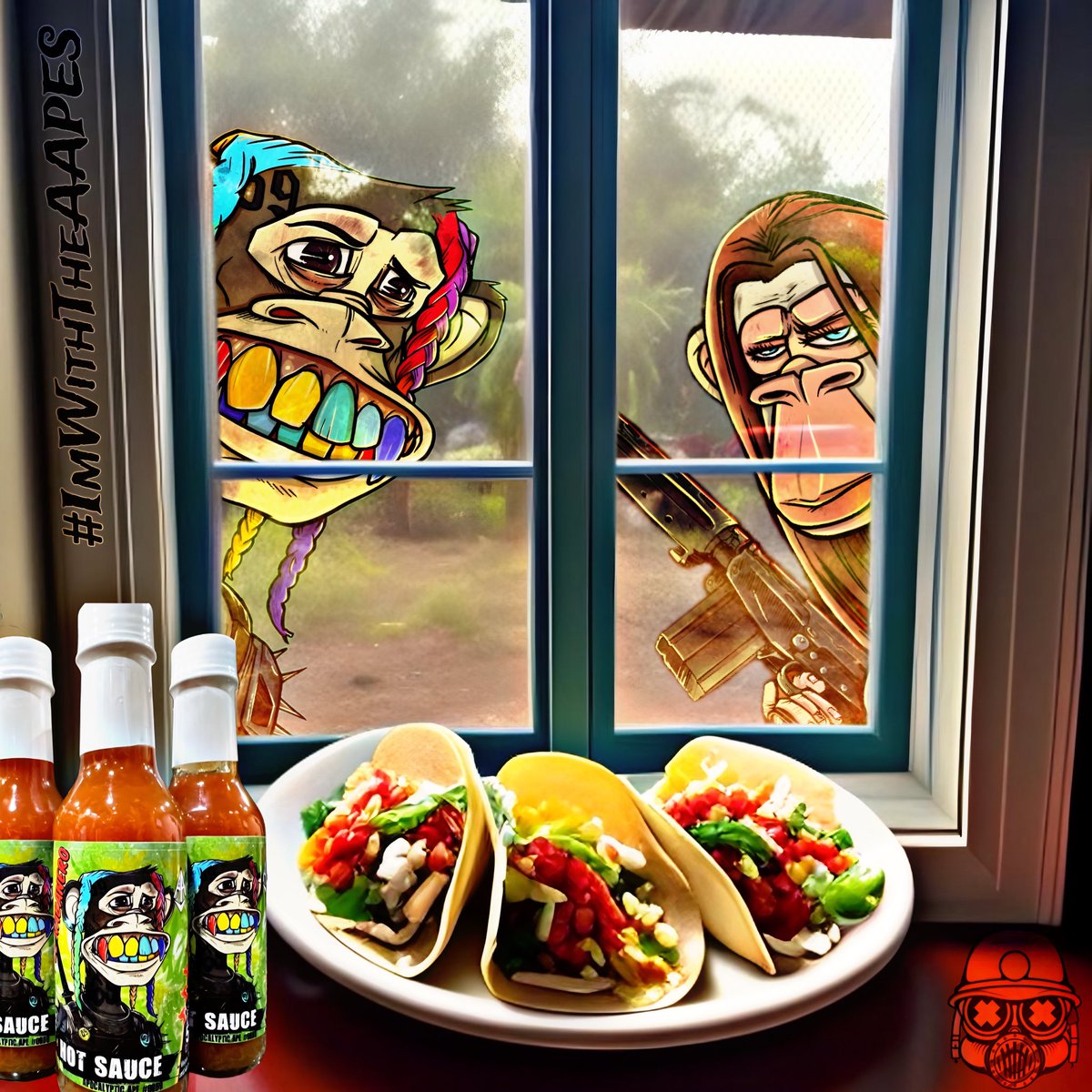 GM! GM! ☕️
It’s taco Tuesday! 🌮
#AAPEShotsauce #AAPES 
Try some “Pineapple🍍 Habanero🌶️” with those tacos! 😋

🛒🔗👉 apocalyptic.shop/products/apoca…