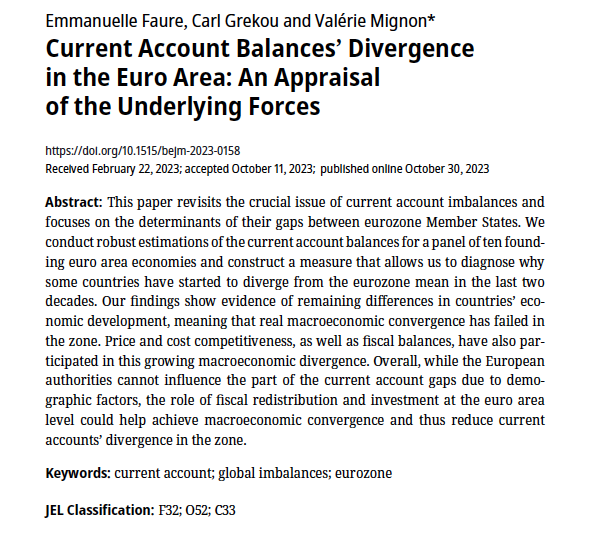 Happy to announce the publication of the first article of my thesis in B.E  journal Macroeconomics on the current account balances's divergence in the Euro Area. 

Thanks again to my amazing co-autors Carl Grekou and Valérie Mignon.

degruyter.com/document/doi/1…
