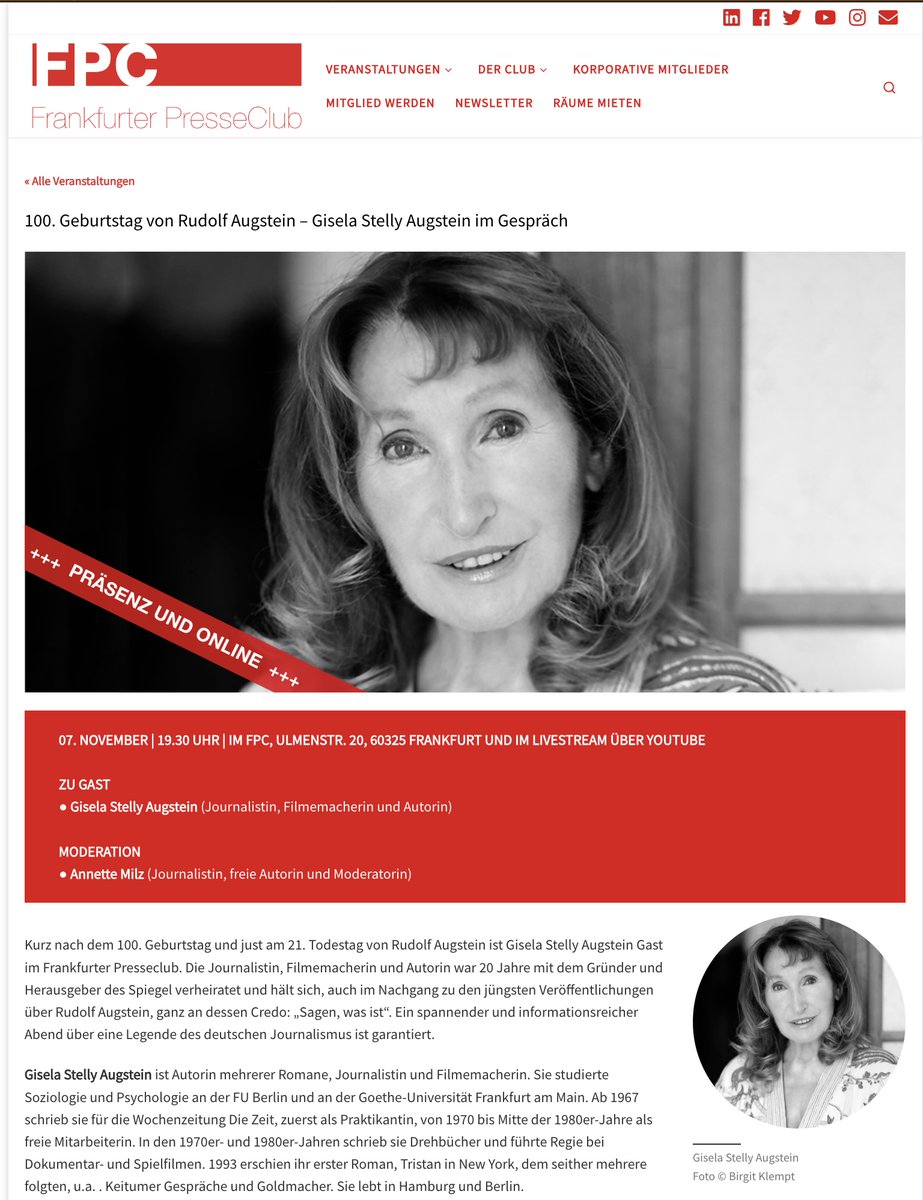 Das wird sicher sehr interessant heute Abend: ich spreche mit Gisela Stelly Augstein über Rudolf #Augstein und sein Erbe. Gäste im #FrankfurterPresseclub sind (noch) willkommen. frankfurterpresseclub.de/veranstaltung/…