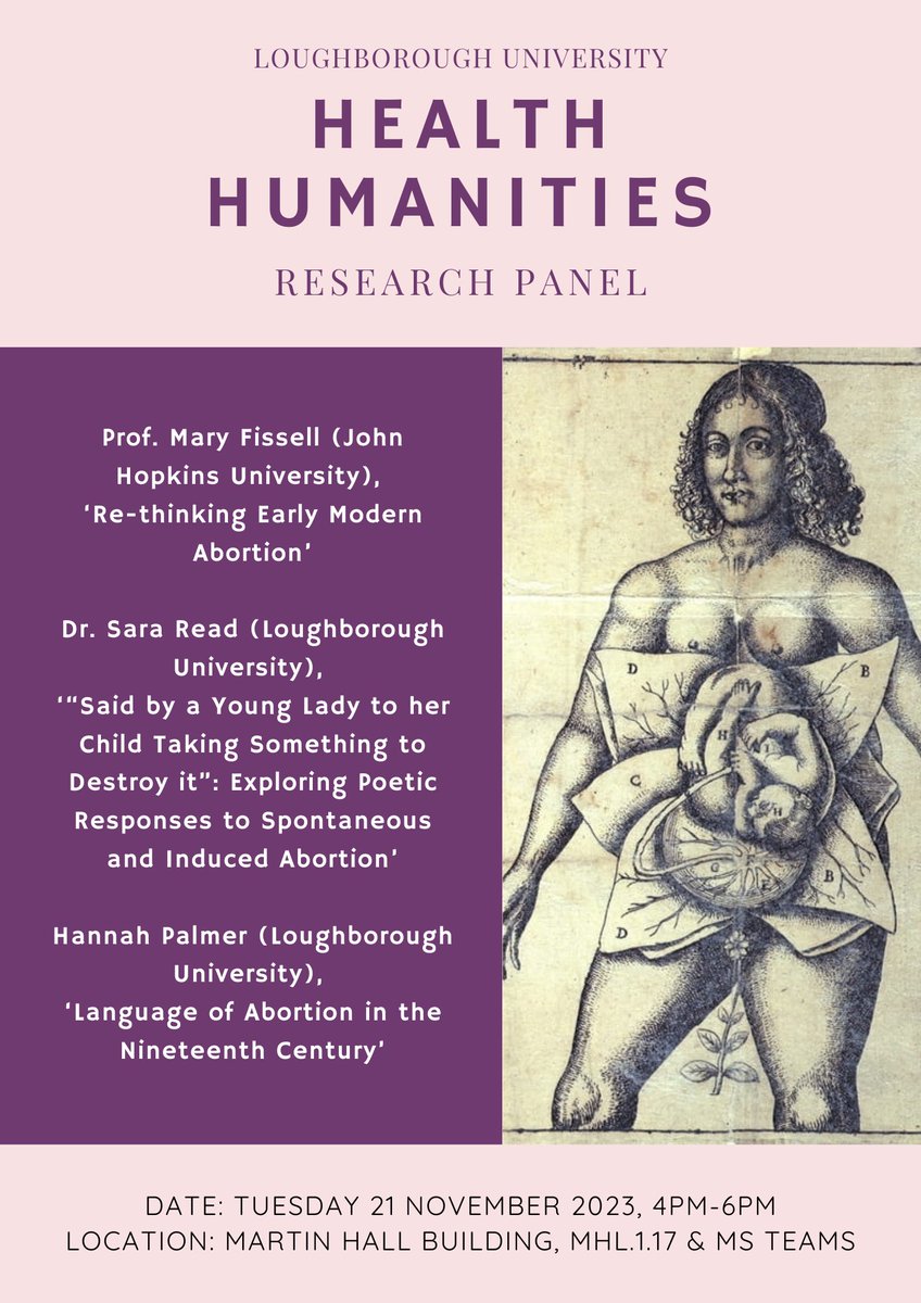 HealthHumsLboro's tweet photo. 📣  Event! Come along in person or online to our next Health Humanities research panel. @saralread and @hannahvipalmer are so excited to be joined by @mary_fissell for an afternoon of research on the history of abortion in literature and culture. Tues 21 Nov @ 4pm-6pm (GMT). 👇 https://t.co/RFLCjJU94S