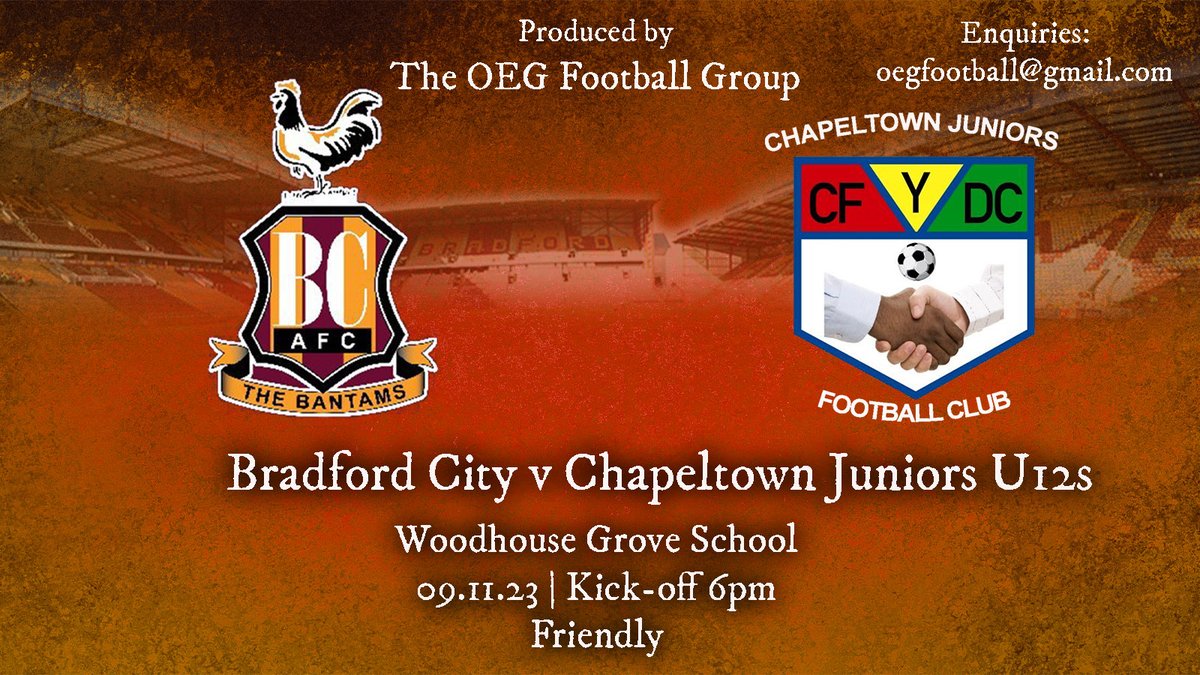Bradford City host Chapeltown Juniors U12s

The u12s visit Bradford City's Woodhouse Grove School in a friendly this Thursday.

The event is produced by The OEG Football Group.

For enquiries, please email: oegfootball@gmail.com

#CFYDC