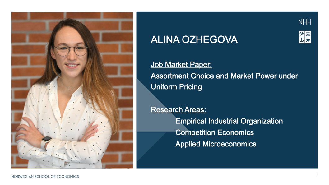 Alina Ozhegova works on topics in Empirical Industrial      Organization, Competition Economics, and Applied Microeconomics. Learn more about her here: alinaozhegova.com/home <a href="/alina_ozhegova/">Alina Ozhegova</a>