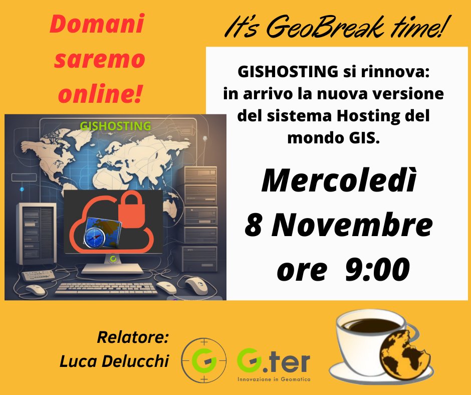 Vi attendiamo domani al Geobreak in cui presenteremo Gishosting, la piattaforma cloud GIS prodotta da GTER, che è giunta alla seconda versione.

 #gter
#gis
#geobreak
#innovazione
#geomatica
#lizmap
@Nextcloud Italia