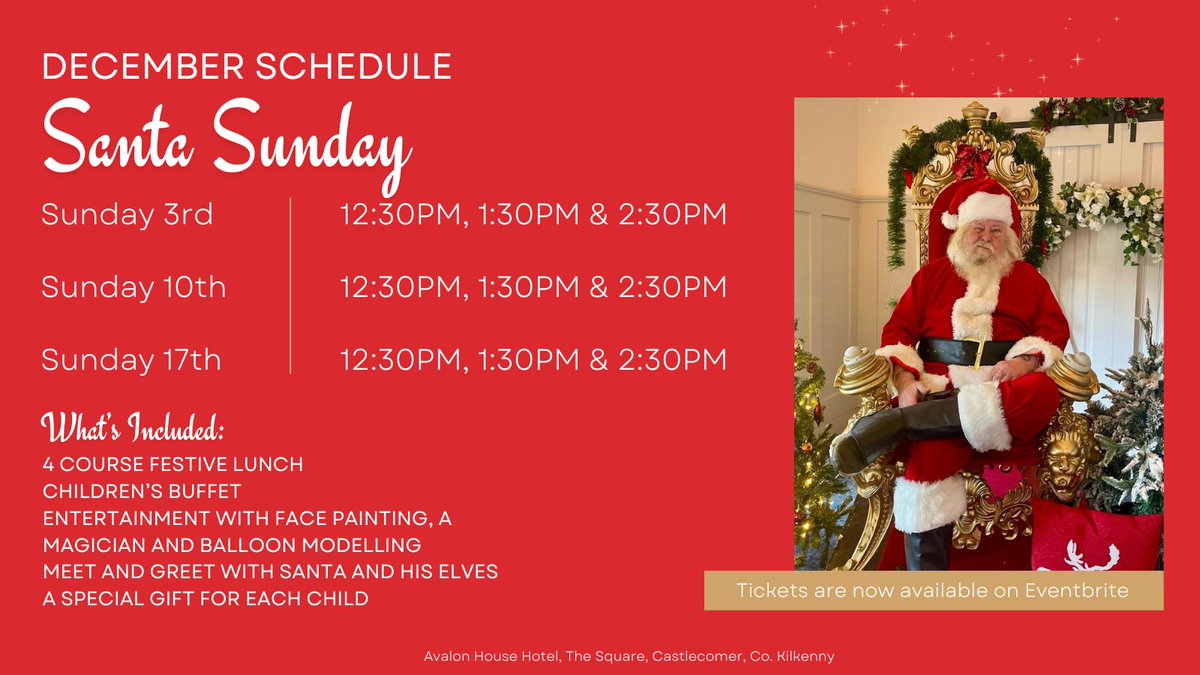 Ho ho ho! Calling all Santa enthusiasts! Our Santa Sunday Tickets are officially LIVE on Eventbrite! 🎟️ Don't wait till the sleigh takes off – grab your tickets now and get ready for a jolly good time! 🎁 #SantaSunday 

eventbrite.ie/o/avalon-house…