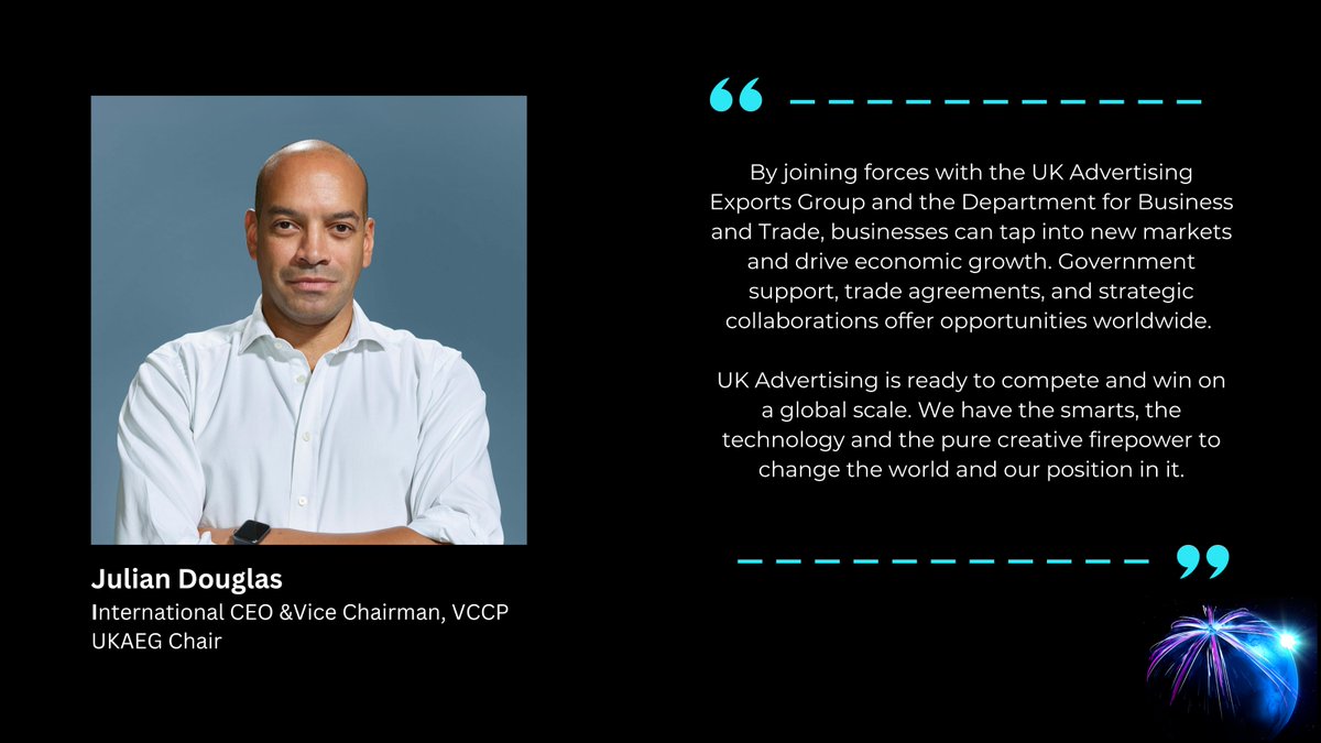 To support the work of the UKAEG, Julian Douglas, <a href="/VCCP/">VCCP</a>, has been appointed as Chair following his active participation in international trade missions and his commitment to new business as IPA President.

#TradeWeek #SoldToTheWorld #UKAEG #UKAdvertisingGoesGlobal