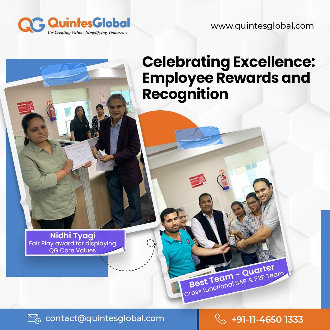 We proudly recognize the Cross-functional SAP and P2P Team as the Best Team of the Quarter, embodying teamwork and dedication at its finest. Nidhi Tyagi shines as the recipient of the Fair Play Award, a testament to QG Core Values.

#RewardsAndRecognition #TeamQG