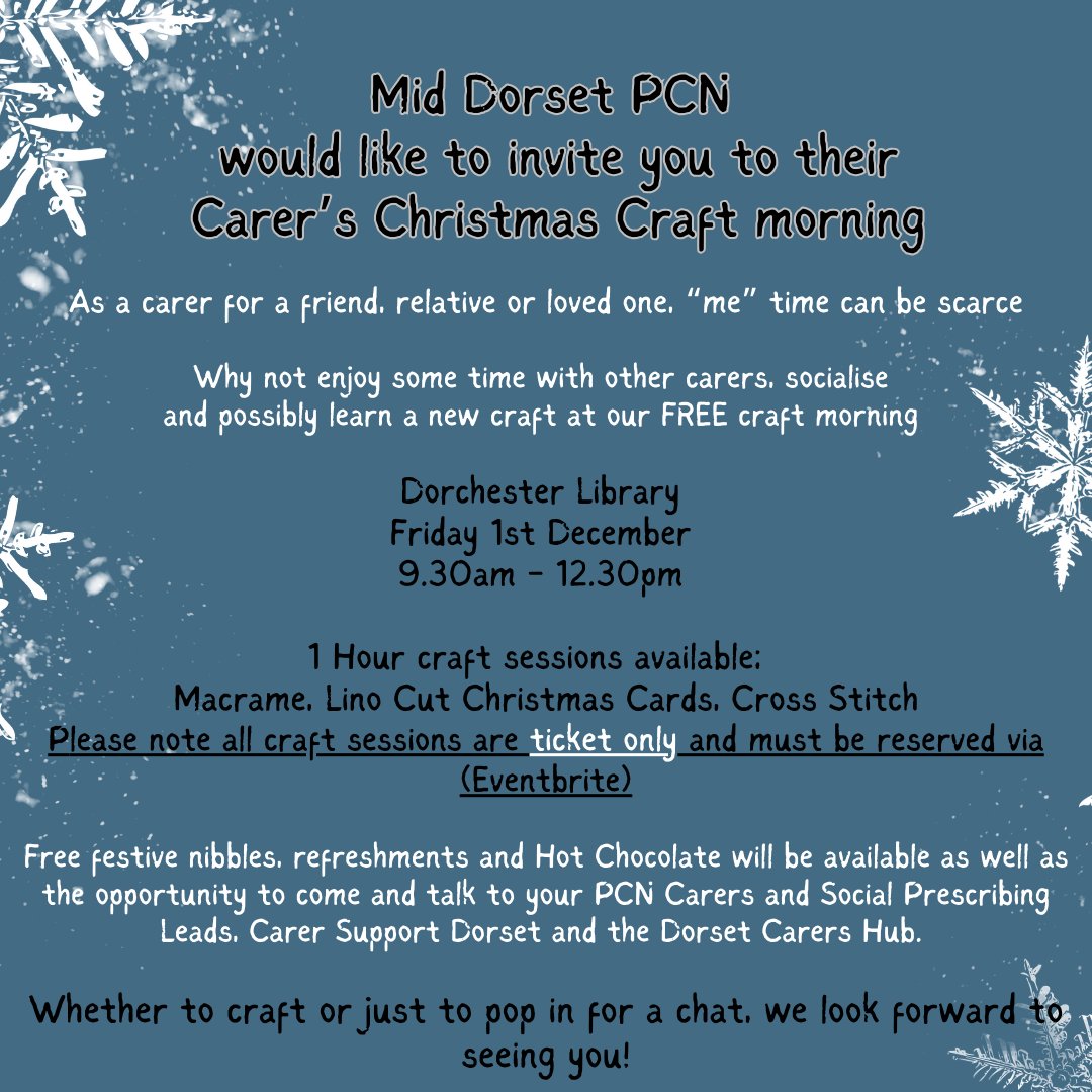 Mid Dorset Primary Care Network (@middorsetpcn) on Twitter photo Join Mid Dorset Primary Care Network's Carers and Social Prescribing Leads plus carers support Dorset for a Christmas Craft morning.
Book your slot using the following links
Macrame: eventbrite.co.uk/e/743454200527…
Lino Cut: eventbrite.co.uk/e/743465163317…
Cross Stitch: eventbrite.co.uk/e/743468072017… Join Mid Dorset Primary Care Network's Carers and Social Prescribing Leads plus carers support Dorset for a Christmas Craft morning.
Book your slot using the following links
Macrame: eventbrite.co.uk/e/743454200527…
Lino Cut: eventbrite.co.uk/e/743465163317…
Cross Stitch: eventbrite.co.uk/e/743468072017…