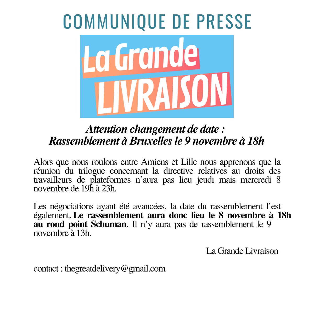 ⚠️#LaGrandeLivraison, changement de date de manifestation 👉 rdv le 8 novembre à 18h au rond point Schuman à Bruxelles

La réunion du trilogue concernant la directive relative aux droits des travailleurs de plateformes étant avancée, le rassemblement l’est également.

À demain
