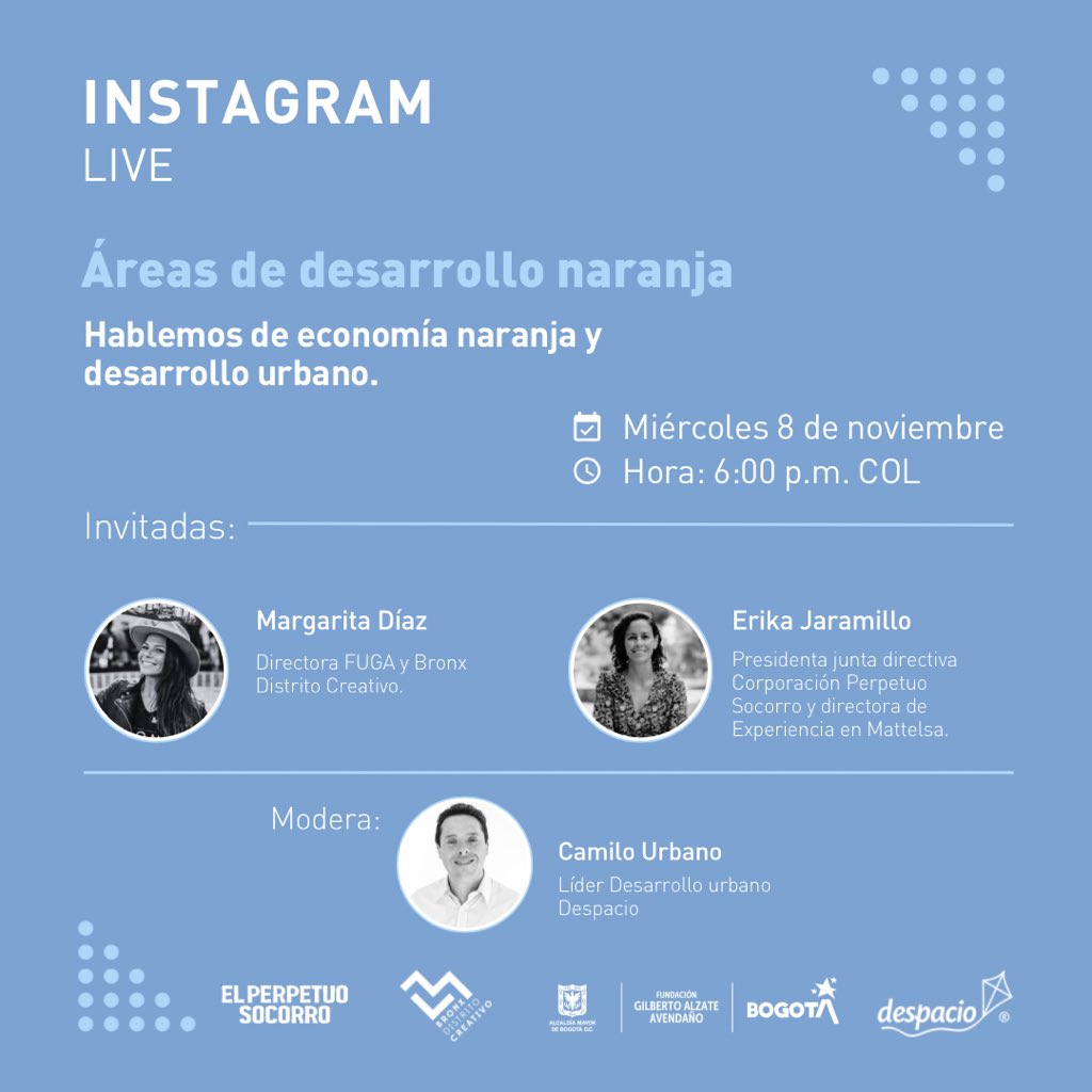 Mañana vamos a hablar de economía naranja y desarrollo urbano en un Instagram Live. Conversaremos con Margarita Díaz, de <a href="/BronxDC_Bogota/">Bronx Distrito Creativo</a>, y Erika Jaramillo, de <a href="/Perpetuo_DC/">El Perpetuo Socorro</a>, sobre cómo influyen estas áreas de desarrollo naranja en la ciudad. ¡Conéctense y charlemos! 🪁