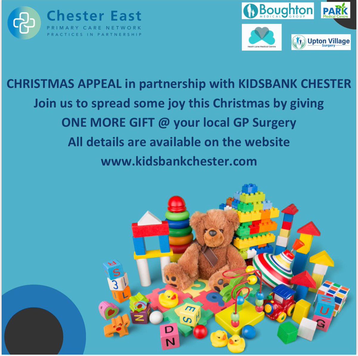 This November we are partnering with KIDSBANK Chester to collect toys/gifts for babies and children 0-16, Teenagers and Mums and Dads – All we ask is that the gift is new, unused and
unwrapped.