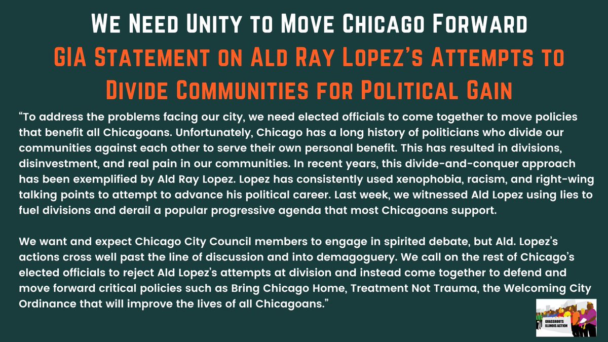 GIAChicago's tweet photo. We need to come together to move forward policies that will improve the lives of all Chicagoans. Our statement on Ald Lopez’s attempts to divide our communities and City Council. https://t.co/3GRUcm8OtG