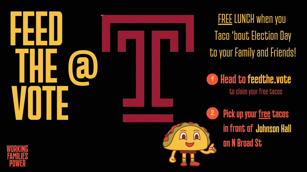 FREE tacos @TempleUniv b/c today’s Election Day in #Philly! Just taco ‘bout the election to your friends to get a free meal. Follow #FeedTheVote here for live updates on truck locations #PhillyVotes #ElectionDay #WorkingFamiilesPower @Potofessence catering