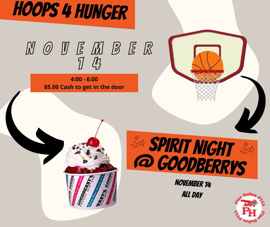 Next Tuesday November 14th, the NJHS is hosting the 3 x 3 Hoops for Hunger tournament.$5.00 at the door, cash only ✈️ Head on over after the trntmnt for a sweet treat! please mention Pine Hollow when you purchase your treats!