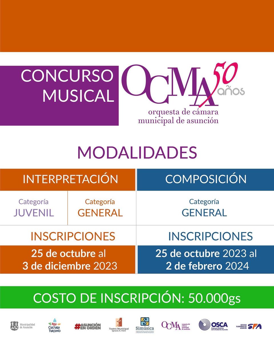 CulturaAsu's tweet photo. La OCMA celebra sus 50 años de trayectoria con la comunidad musical y la ciudadanía en general en un ambiente festivo y de confraternidad a través de la música. 

Este concurso busca fomentar el estudio musical y la excelencia artística entre los músicos paraguayos.🎉🇵🇾 https://t.co/IJAXHXTqB2