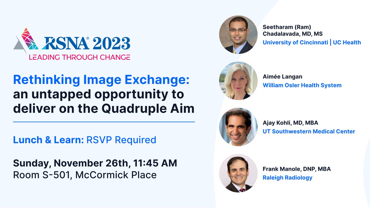 Will you be at #RSNA23 ? Learn how to take your image exchange to the next level with an exciting Lunch &amp; Learn and an Innovation Theater Presentation. RSVP to the Lunch &amp; Learn here: bit.ly/3PAhint
#RSNA2023 #quadrupleaim #imageexchange #patientexperience