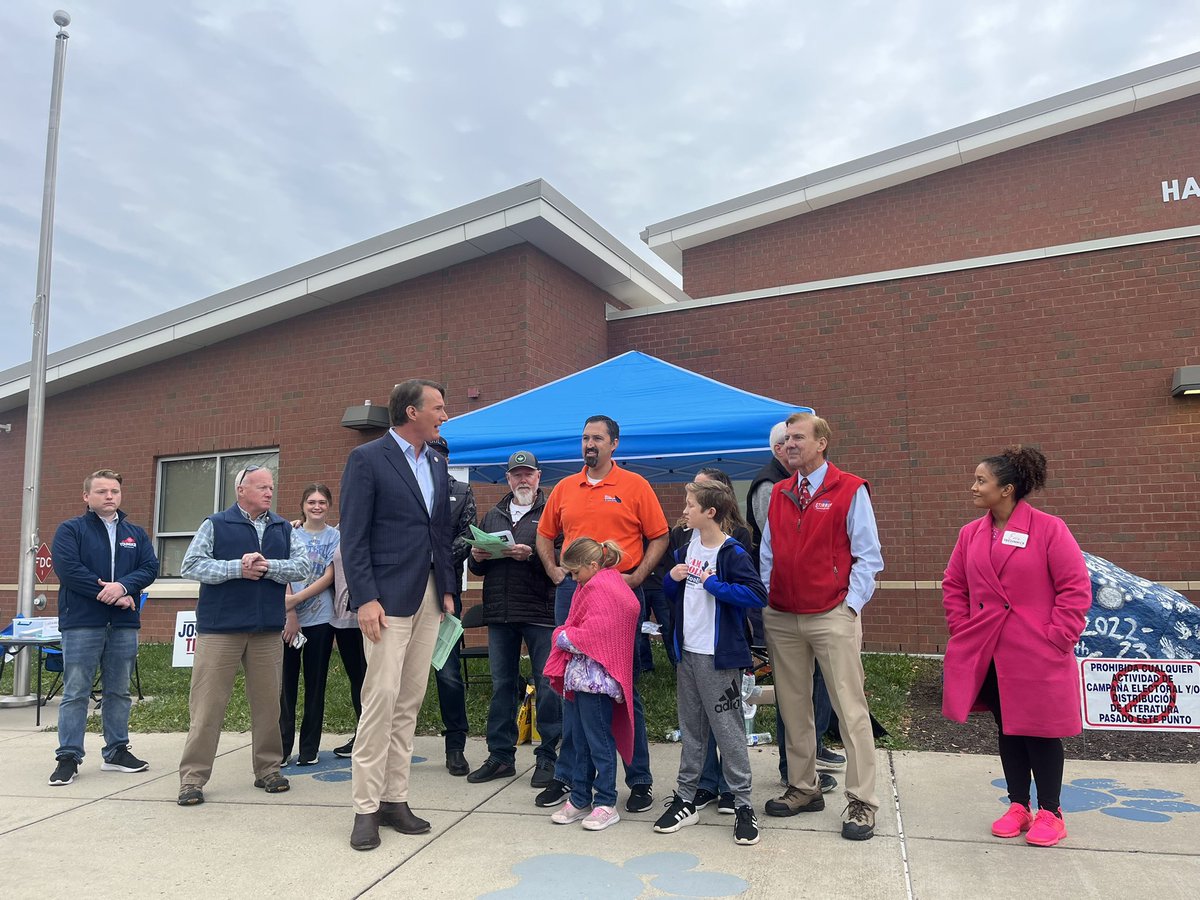 stirrup4va's tweet photo. Gov. @GlennYoungkin is making his rounds and stopped by Haymarket Elementary to help @Woolf4VA @Erica4PWSchools and I greet voters! Polls close at 7 - don’t forget to vote! https://t.co/sC95zQSXgA