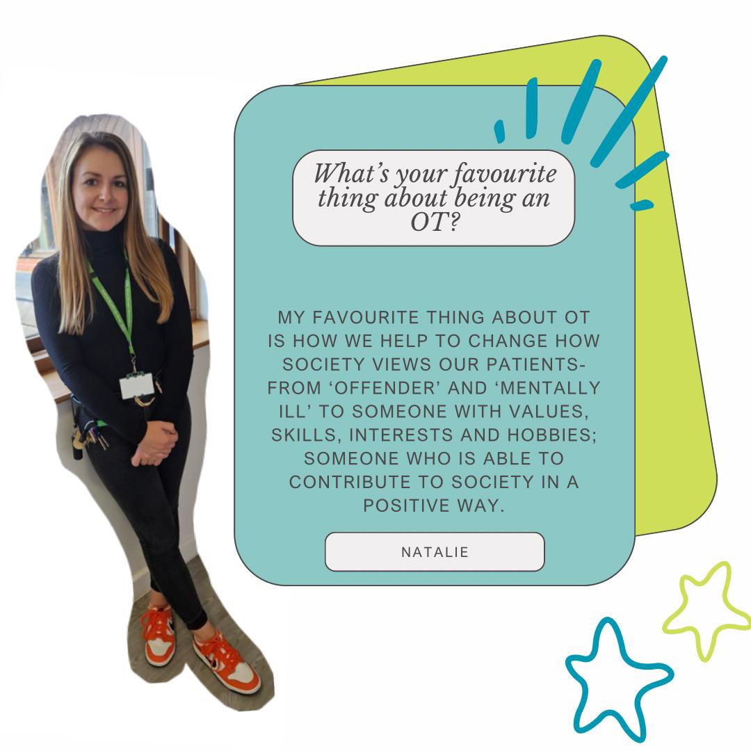ForensicOT_ELFT's tweet photo. #OTWeek2023 

We will be posting our lovely OTs throughout the week to share their favourite things about being an OT.

Meet Natalie, our Band 6 OT from Aldgate and Moorgate Ward in JHC! https://t.co/NWUDvK28ok