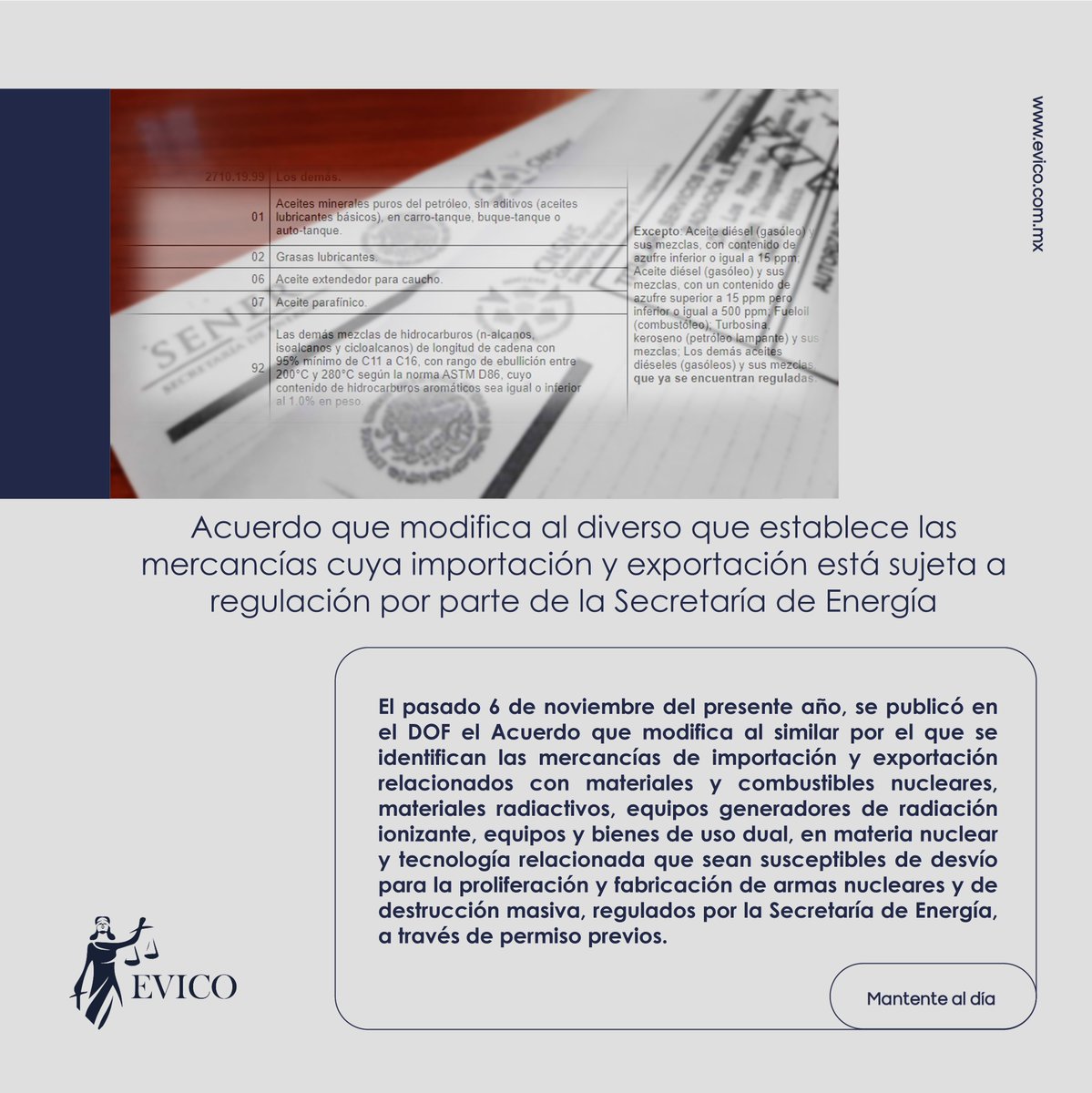 EVIConsultores's tweet photo. ⚠️ HOY EN EL DOF
👉Acuerdo que modifica al diverso que establece las mercancías cuya importación y exportación está sujeta a regulación por parte de la Secretaría de Energía.
🌐 https://t.co/LdbzKCFaAZ
#EVICO #ComercioExterior #SENER #PermisoPrevio #importación #exportación https://t.co/Bsnxs0JIx6