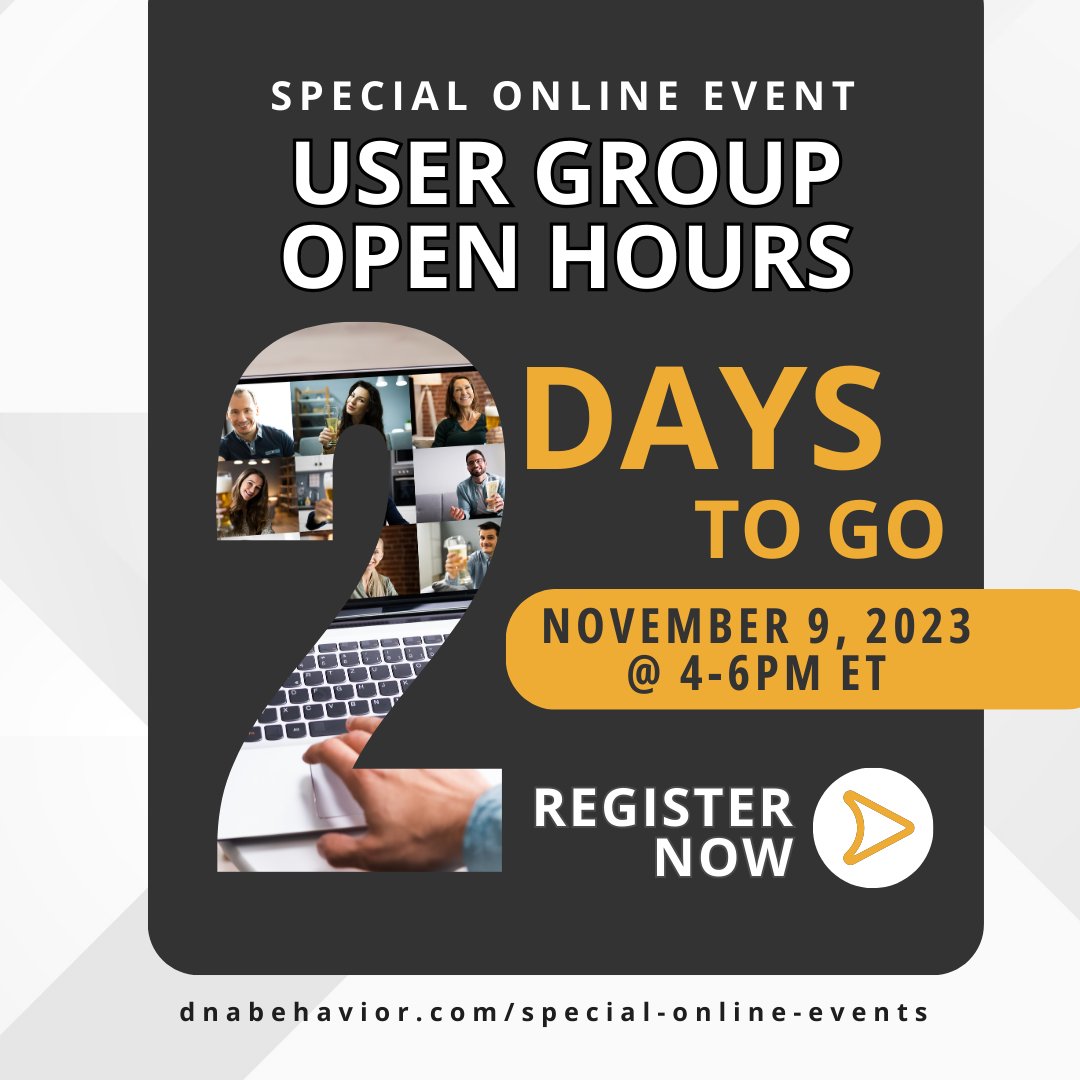 DNABehavior's tweet image. Join us for User Group Open Hours on November 9, 2023, from 4 to 6 pm ET. 
Discover the secrets to optimizing the DNA Web App as we dive deep into innovative features, upcoming releases, and real-life examples here: hubs.la/Q0280Pm-0
 
#DNABehavior #DNAWebApp #UserGroup