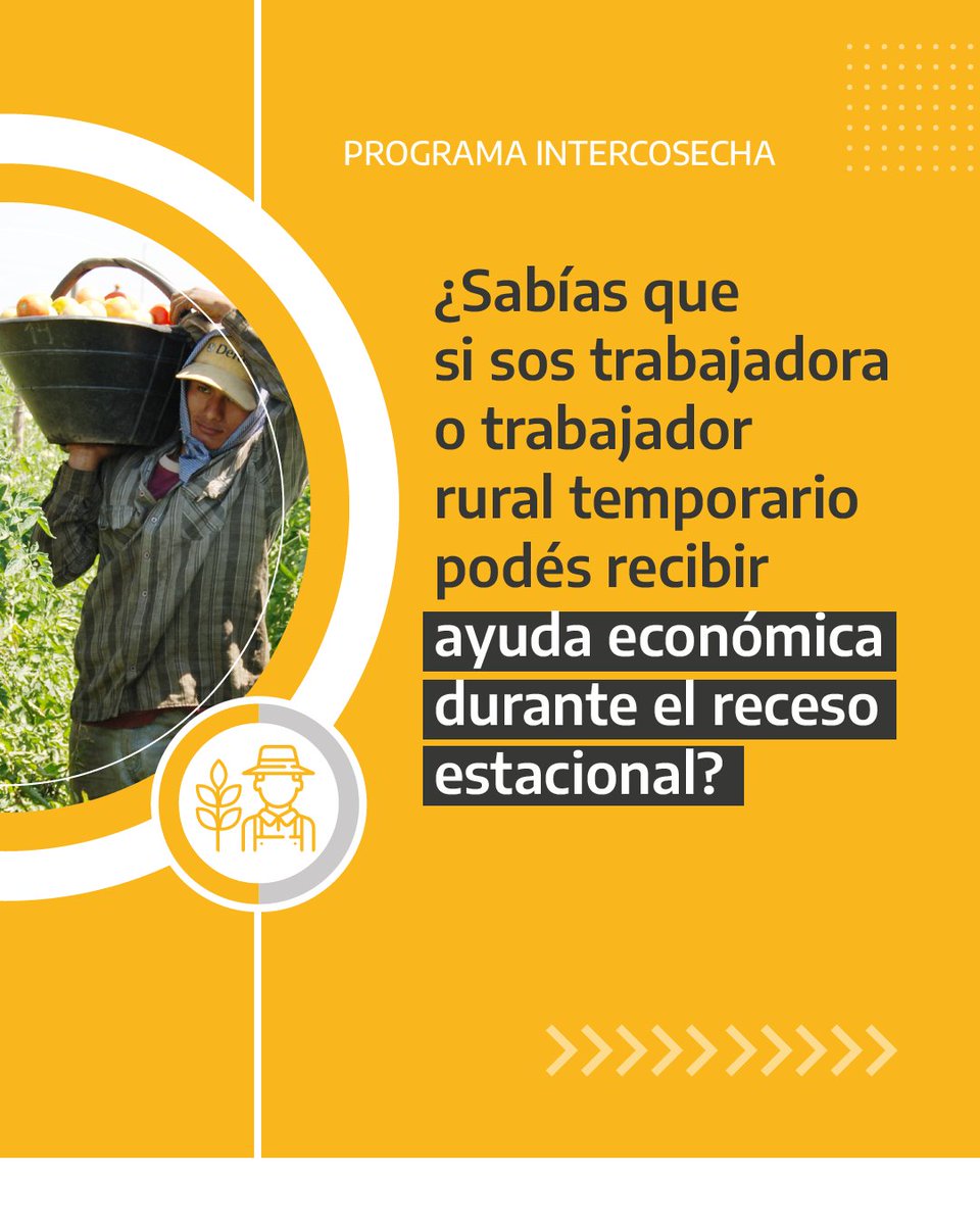 SecTrabajoAR's tweet photo. 🌱El programa #Intercosecha brinda a trabajadoras/es agrarias/os y agroindustriales una ayuda económica durante el receso estacional y acciones de los programas de Formación, Entrenamiento para el Trabajo, Inserción Laboral, Empleo Independiente y Entramados Productivos Locales. https://t.co/RwOck4EkND