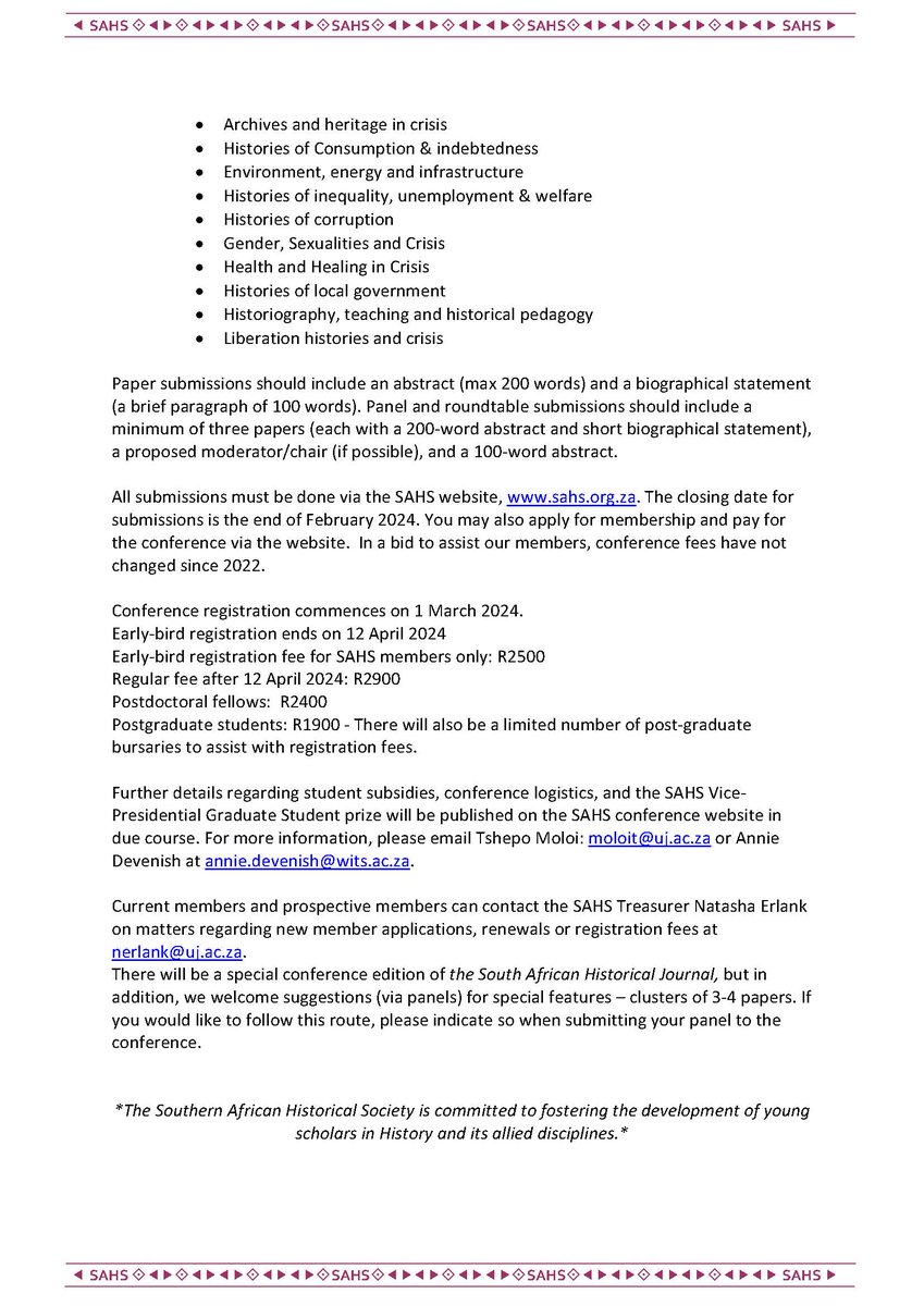 The SAHS Exco and the UJ History Department are delighted to present the Call for Papers for the 29th Biennial Conference.
‘History at the Precipice: Continuity, Change and Crises in Southern Africa' 26-28 June 2024, Johannesburg