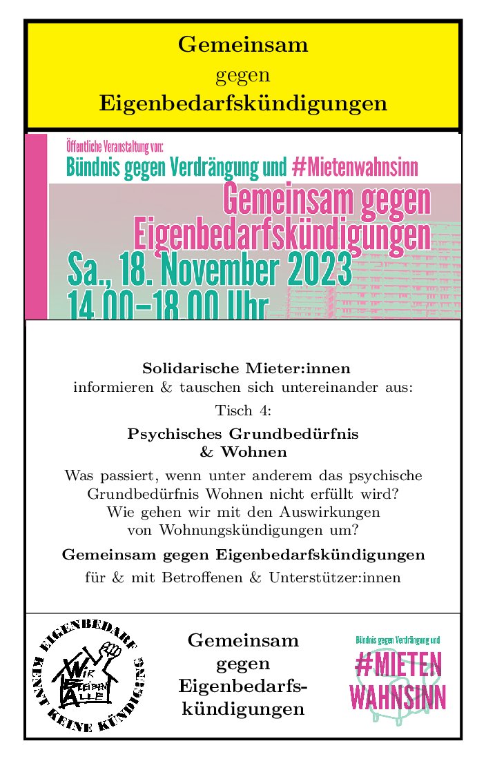 Für die Veranstaltung 'Gemeinsam gegen #Eigenbedarfskündigungen' stellen wir euch Tische 4 vor. (Eigenbedarfs) & andere lebensbedrohende Kündigungen sind Körperverletzung!. Das sagen wir als Betroffene. Informiert euch wie mit der gesundheitlichen Belastung umgegangen werden kann