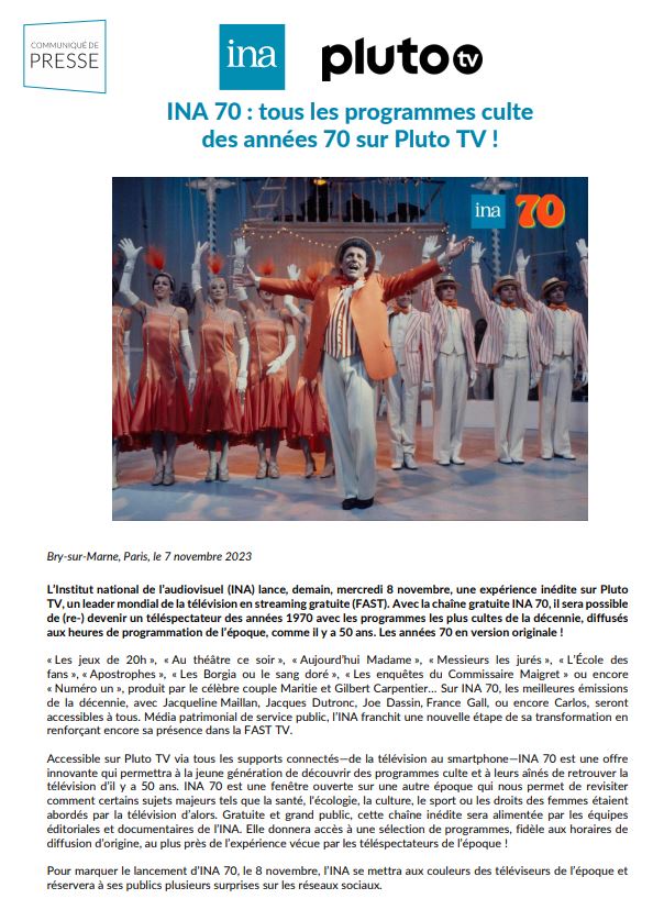 polriKr's tweet image. Jacques Martin, "Les Jeux de 20H" et autres émissions cultes des années 70 sur votre télé aux mêmes heures qu'il y a 50 ans? C'est ce que proposent l'@Inafr_officiel et la plateforme Pluto TV à partir de demain avec la chaîne gratuite INA 70, qui recrée la télé pattes d'eph' #AFP