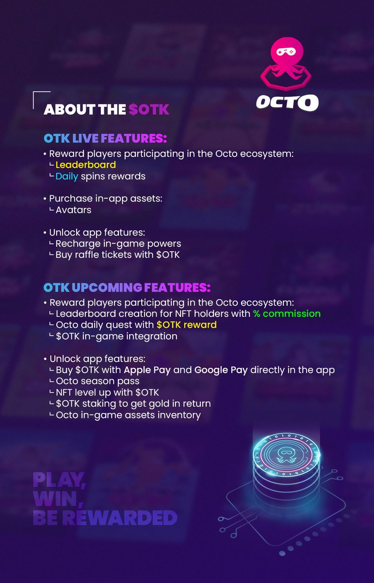 $OTK in the spotlight, what is it about? 👁️

Our token aims to be the essence of the Octo Gaming ecosystem.

Whether it's rewarding players or unlocking app features, $OTK is intended to be the driving force behind the Octo app.

Octo will keep pushing the boundaries and unlock
