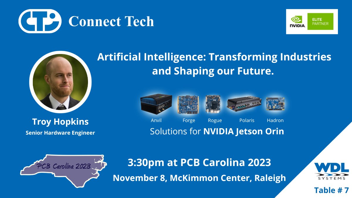 WDL Systems (@wdlsystems) on Twitter photo Join us <a href="/pcbcarolina/">PCB Carolina (TM)</a> tomorrow! Troy Hopkins of <a href="/ConnectTechInc/">Connect Tech Inc.</a> presents: Artificial Intelligence: Transforming Industries and Shaping our Future. Learn more about AI’s profound & far-reaching impact across industries. 3:30pm Room 6, McKimmon Center, Raleigh, 11/8.
<a href="/NVIDIAEmbedded/">NVIDIA Embedded</a> Join us <a href="/pcbcarolina/">PCB Carolina (TM)</a> tomorrow! Troy Hopkins of <a href="/ConnectTechInc/">Connect Tech Inc.</a> presents: Artificial Intelligence: Transforming Industries and Shaping our Future. Learn more about AI’s profound & far-reaching impact across industries. 3:30pm Room 6, McKimmon Center, Raleigh, 11/8.
<a href="/NVIDIAEmbedded/">NVIDIA Embedded</a>