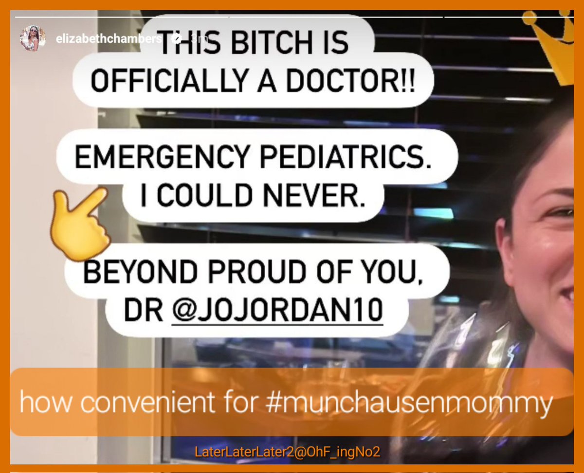 Congrats to #ElizabethChambers 'friend' Jo on becoming an official EMERGENCY PEDIATRICS DOCTOR. #munchausenmommy must be so proud 🦎 

This will come in handy while the children's ER visits are so commonplace (suspiciously timed) and REPORTABLE.

#CPS
#badmom
#narcissisticparent