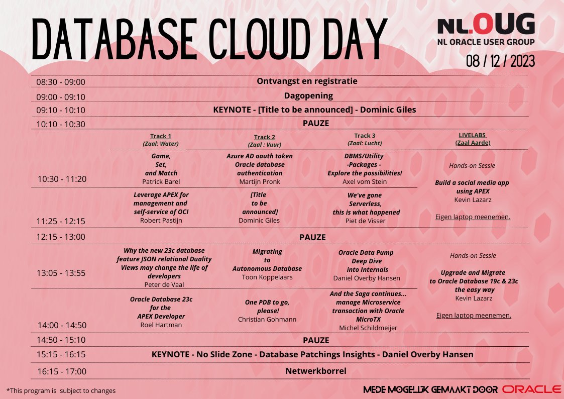 nlOUG (@nl_oug) on Twitter photo Happy to announce the program for #DatabaseCloudDay23!!
All info and tickets: nloug.nl/events/databas…
<a href="/oracleugs/">Oracle User Groups</a> <a href="/oracleace/">Oracle ACE Program</a> #dcd23 Happy to announce the program for #DatabaseCloudDay23!!
All info and tickets: nloug.nl/events/databas…
<a href="/oracleugs/">Oracle User Groups</a> <a href="/oracleace/">Oracle ACE Program</a> #dcd23
