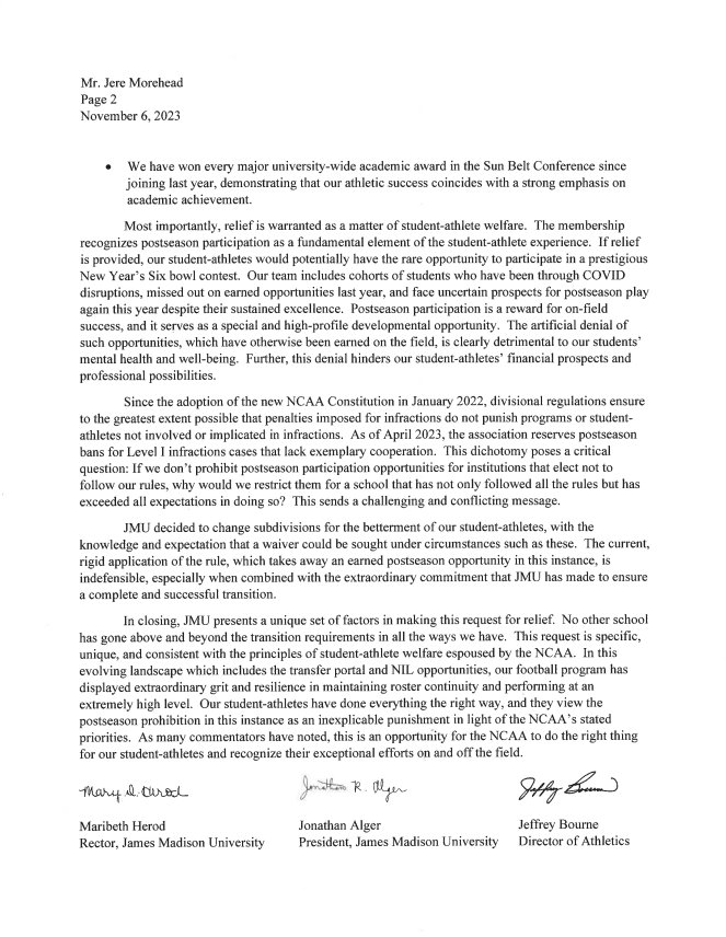 jarvisharen's tweet photo. JMU has sent a letter to the NCAA, requesting relief from the FBS transition rules.

Here's a look at the letter. https://t.co/OYfvDGvF7g
