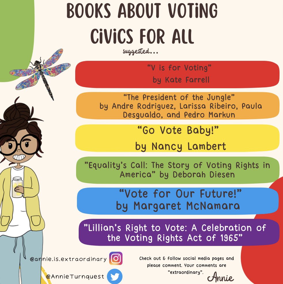 I am excited about the following list of picture books that can be used for any age. The conversation starts today. Voting Matters!

#classwithcynthia  #annieturnquest #extraordinary #librariansinallschools #readeverynight #votevotevote #readaboutvoting #civicsforall
