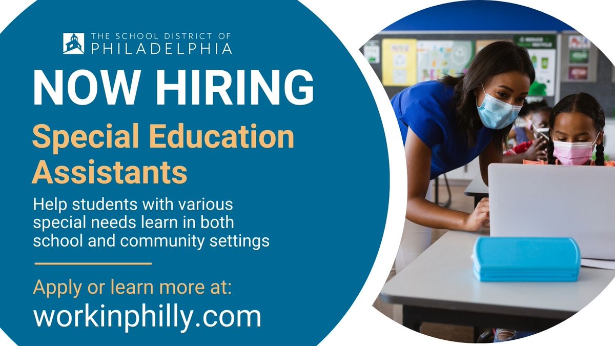 PHLschools's tweet image. NOW HIRING Special Education Assistants! Help students with various special needs learn in both school and community settings. Apply today at: workinphilly.com
#NowHiring #SpecialEducation #ClassroomAssistant #PhillyJobs