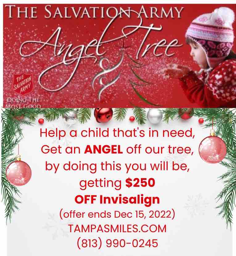TampaDentist's tweet photo. Adopt a Salvation Army Angel Tree angel and get $250 off Invisalign. Brighten a child’s holiday &amp; your smile! #GiveBack #InvisalignOffer 🎁😁 https://t.co/P1cNULZ8Iz
