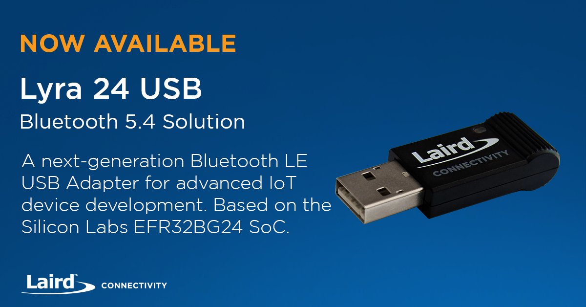 ezurio_llc's tweet image. The Lyra 24 USB is now in stock and ready for your #Bluetooth application. Powered by the
@siliconlabs EFR32BG24 SoC, the Lyra 24 USB delivers significant feature and performance enhancements ideal for scalable, next-generation #BluetoothLE development. bit.ly/3QMZRk7