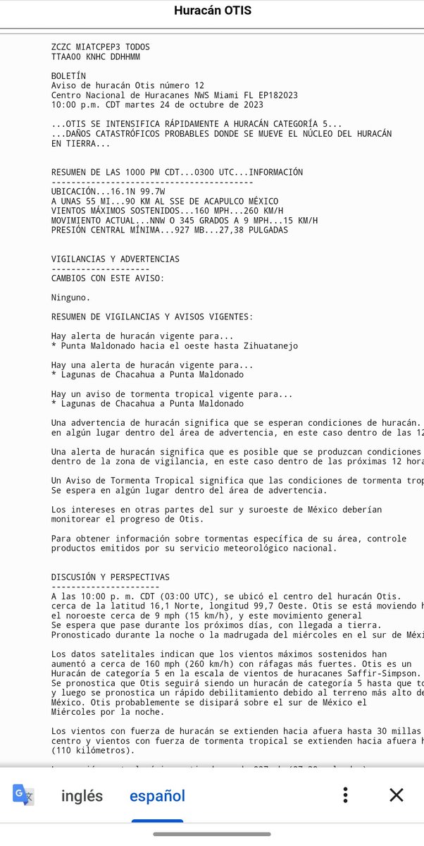 hrioseco's tweet photo. #HuracanOtis en su evolución a través de los boletines del @NHC_Pacific A la 1 PM pasa de Tormenta tropical a Huracán A la 2 PM anuncian corrección y es huracán mayor. A las 4 PM anuncia Huracán cat. 4. Y a las 10 PM ya es cat. 5 y se encuentra casi sobre Acapulco. https://t.co/gWAE88LUr3