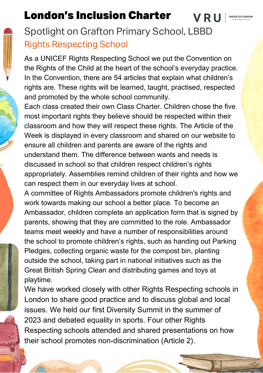 LDN_VRU's tweet image. 🏫 We're celebrating inclusive practice in schools by sharing #PromisingPractice as part of the development of #LondonsInclusionCharter

📝 This week, it's @Grafton_Primary in @lbbdcouncil through ex-head @MartinN26319122 on being a @UNICEF_uk Rights Respecting School. 

Read ⬇️