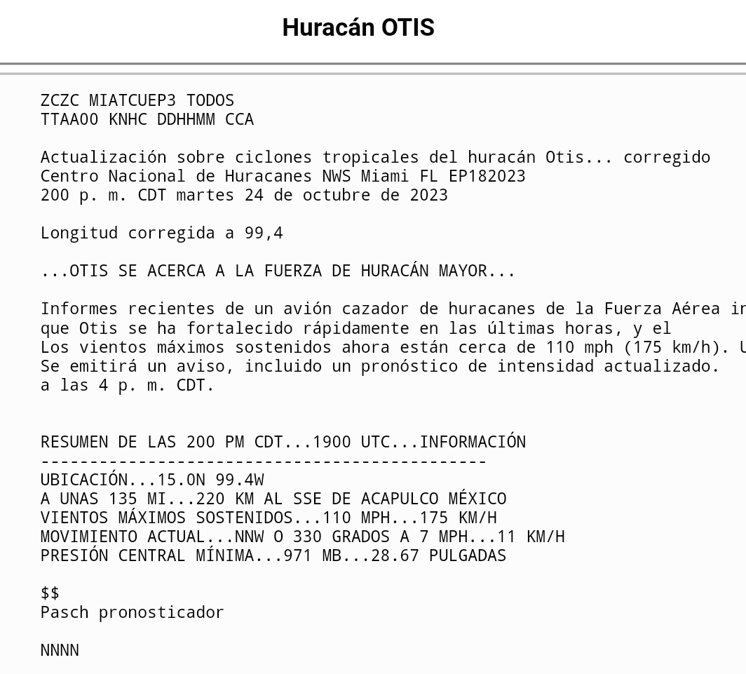 hrioseco's tweet photo. #HuracanOtis en su evolución a través de los boletines del @NHC_Pacific A la 1 PM pasa de Tormenta tropical a Huracán A la 2 PM anuncian corrección y es huracán mayor. A las 4 PM anuncia Huracán cat. 4. Y a las 10 PM ya es cat. 5 y se encuentra casi sobre Acapulco. https://t.co/gWAE88LUr3