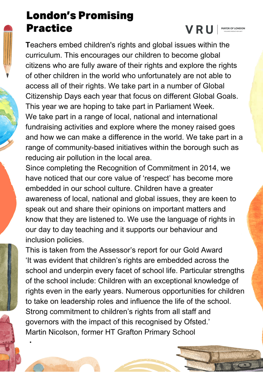LDN_VRU's tweet image. 🏫 We're celebrating inclusive practice in schools by sharing #PromisingPractice as part of the development of #LondonsInclusionCharter

📝 This week, it's @Grafton_Primary in @lbbdcouncil through ex-head @MartinN26319122 on being a @UNICEF_uk Rights Respecting School. 

Read ⬇️