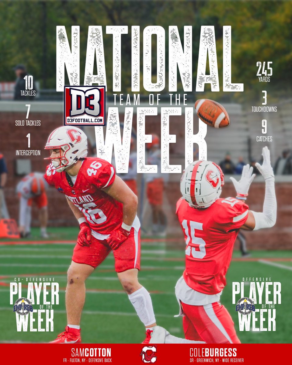 Congratulations to Senior Cole Burgess and Freshman Sam Cotton on earning both conference and national honors after their performances against Brockport!

#DragonRising | #Team118 

🎨 <a href="/EDLphotography/">Erin Locascio</a>