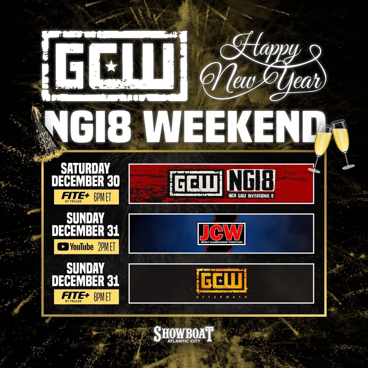 GCW returns to Atlantic City during New Year's Weekend! The Showboat Hotel Discount Room Block is available NOW for booking with rates almost 50% off listed boardwalk pricing! Book NOW: bookings.travelclick.com/104218?groupID…