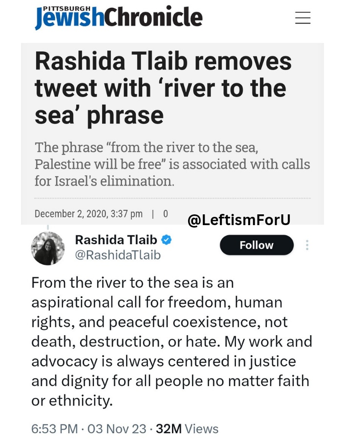 @RepRashida Funny how in 2020 you were well aware of what 'from the river to the sea' means, but now it's magically not about 'death, destruction, or hate.' You are a vile anti-Semite and your colleagues are completely right in calling you out.