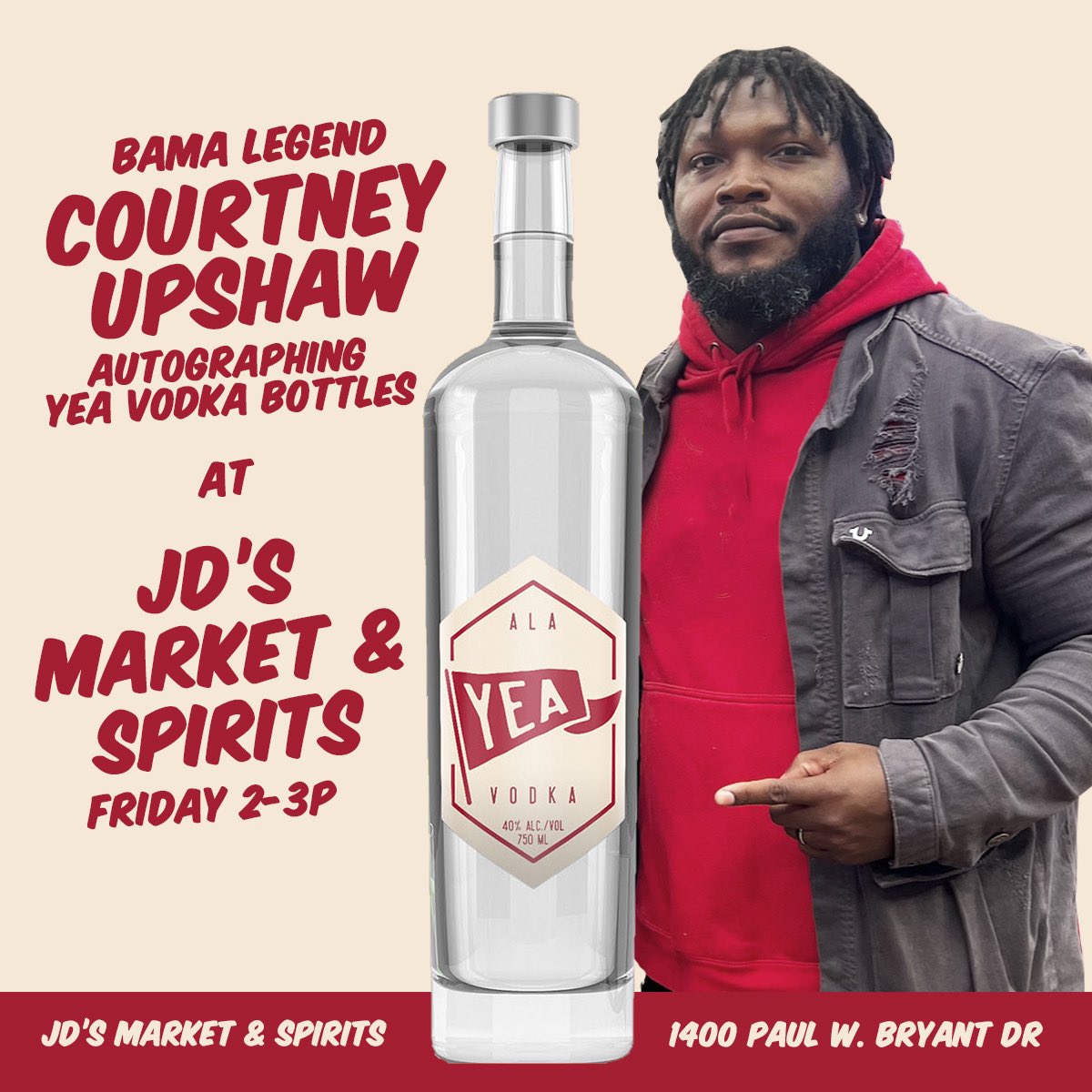 Tide fans - drink Yea Alabama Vodka!  A portion of all sales is donated to the Yea Alabama Collective to support Tide student athletes!  Available now at Alabama ABC stores.  <a href="/yea_ala/">Yea Alabama</a> <a href="/AlabamaFTBL/">Alabama Football</a> <a href="/KingHenry_2/">Derrick Henry </a> @DeVontaSmith_6 <a href="/MacJones_10/">Mac Jones</a> <a href="/CourtneyUpshaw6/">Courtney Upshaw</a>