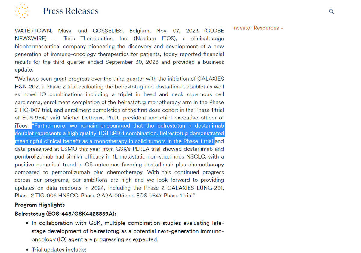 $MREO Etigilimab #tigit will attract multiple bidders. $NVS the front runner

$ITOS $GSK fully committed  in #TIGIT 

nugget in today 3rd qtr earnings 

“Furthermore, we remain encouraged that the belrestotug + dostarlimab doublet represents a high quality TIGIT:PD-1 combination.