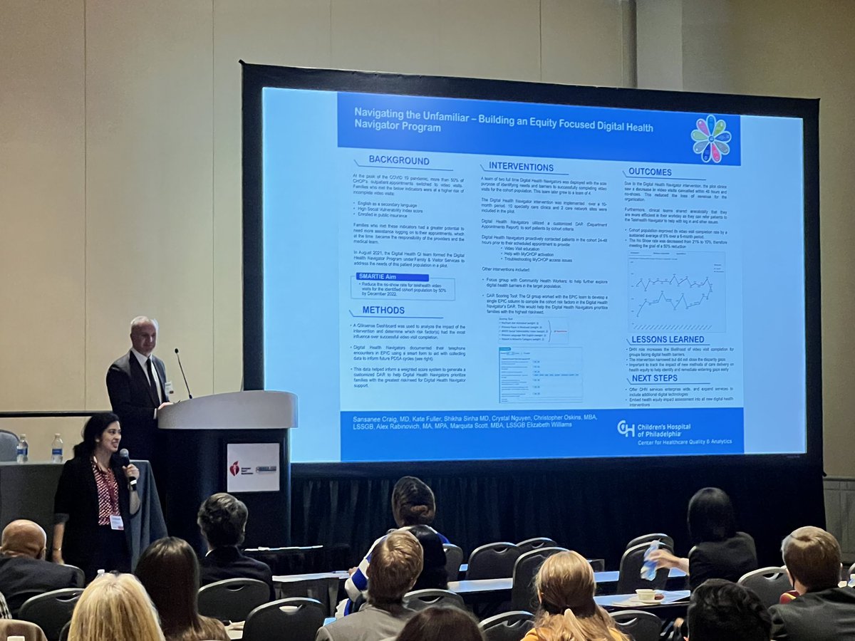 Research poster speed rounds at #SEARCH2023 telehealth conference - <a href="/ChildrensPhila/">Children's Hospital</a>’s own Dr.  Shikha Sinha (foreground) talks about our #DigitalHealth navigator program to promote health equity